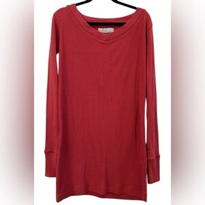 FP Beach Ribbed Knit Tunic Sweater Coral Pink V-Neck Long Sleeve Coastal Grandma